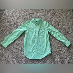 Ralph Lauren Boy Long Sleeve Button Down Shirt Green White Stripe Pony L 14/16